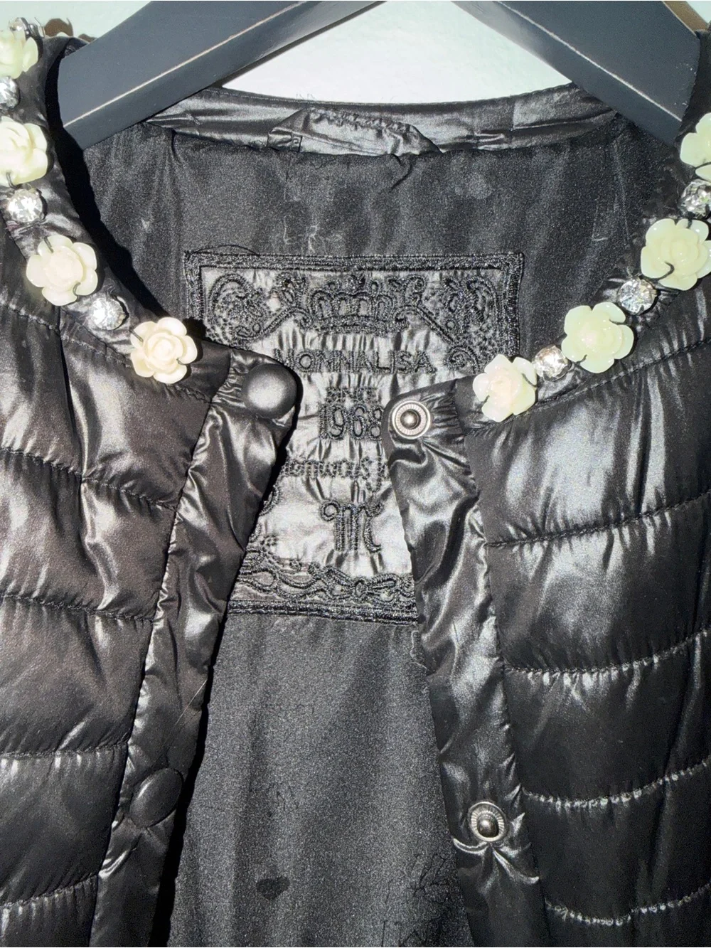 Women's Black Quilted Puffer Jacket with Embellished Neckline